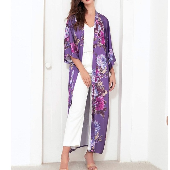 Kimono Robe Long Floral Satin - Picture 4 of 7